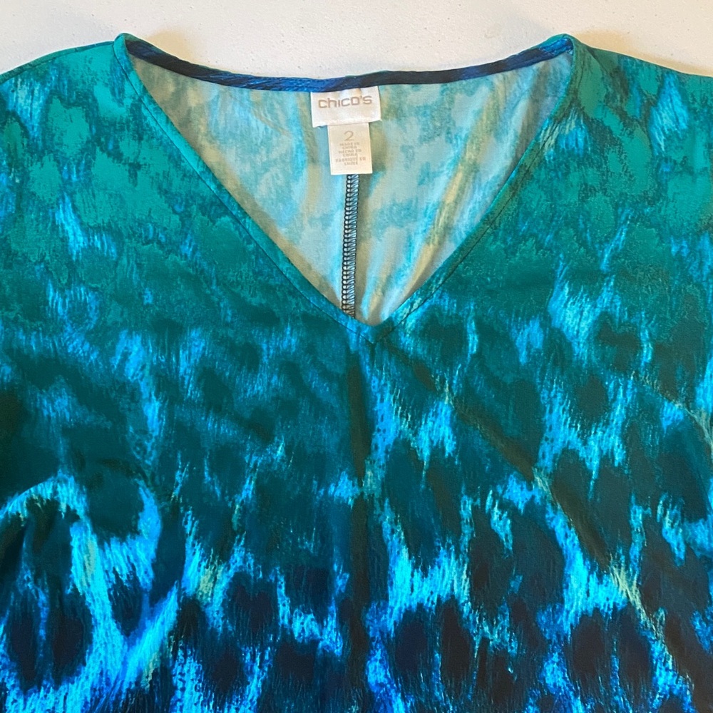 Chico's Teal and Blue Patterned V-Neck Dress Sz 2